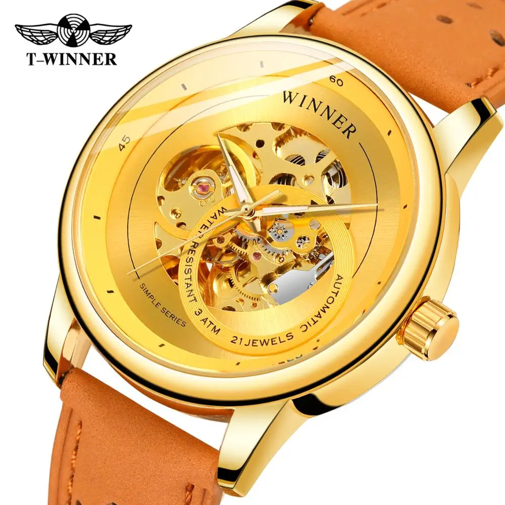 

Winner Mechanical Automatic Mens Watch Fashion Leather Strap G0ld Skeleton Dial Casual Wristwatch Waterproof Luminous Hand Clock