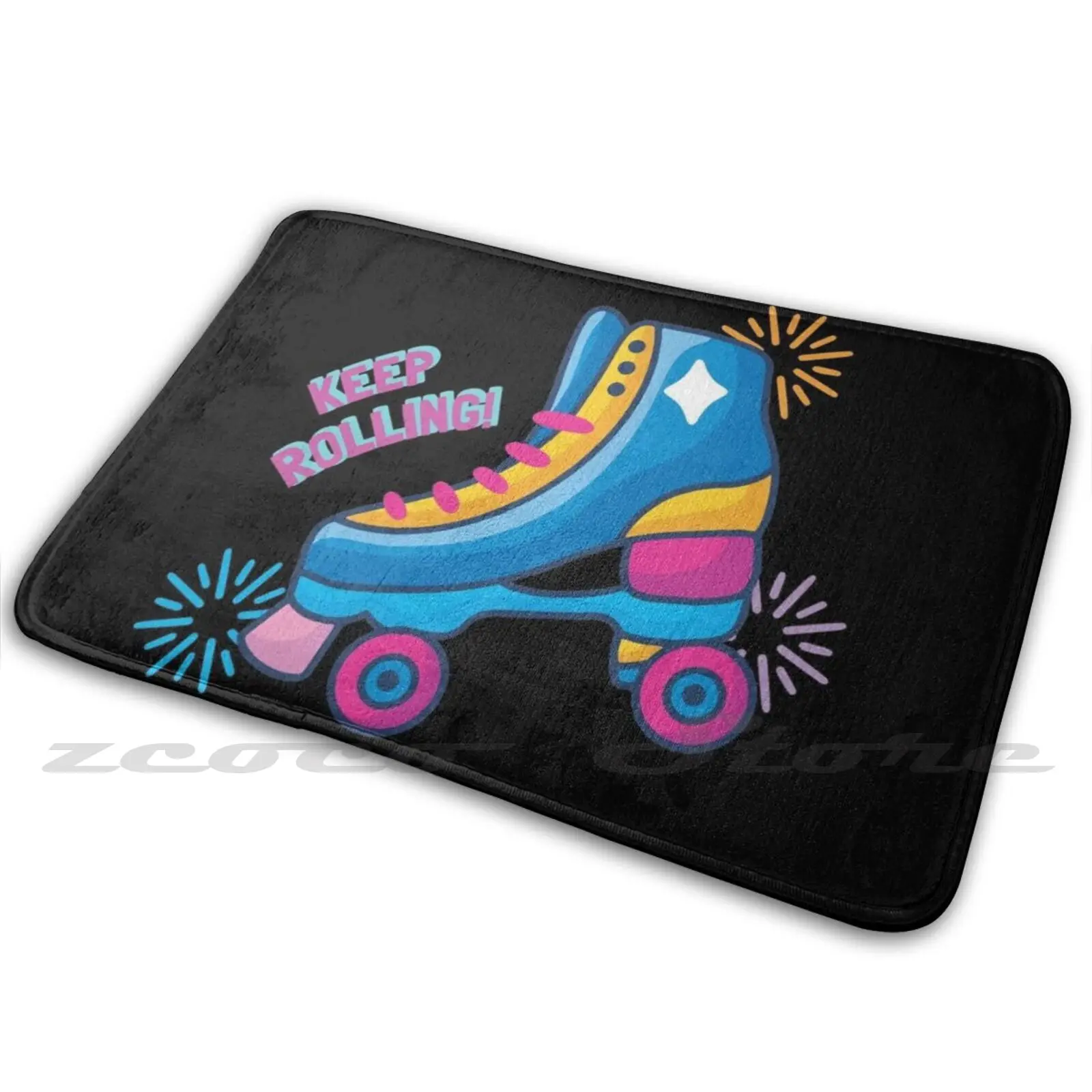 80S Keep Rolling Roller Skate Carpet Water Absorb Non-Slip Door Mat Skater Text Pink Blue | Дом и сад