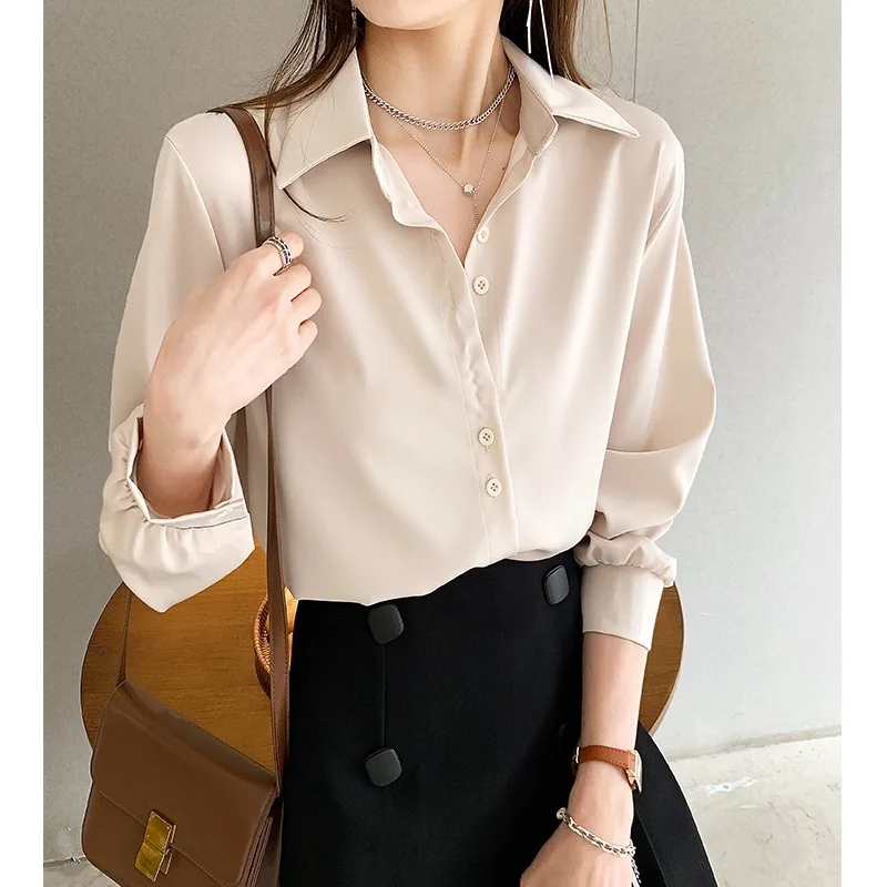 

Spring Autumn Fashion Button Up Satin Silk Shirt Vintage Blouse Women White Lady Long Sleeves Female Loose Street Shirts