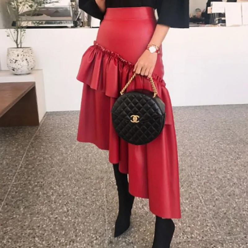 red skirt Необычные Вечерние женские юбки из искусственной кожи высокого качества, винтажная осенне-зимняя юбка с оборками и высокой талией для девушек размера плюс, красная юбка - Цвет: red skirt