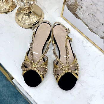 

Round Toe Crystal Sandals Summer Brand Design Women Shoes New Arrival Low Heels Slip-On Female Sandals