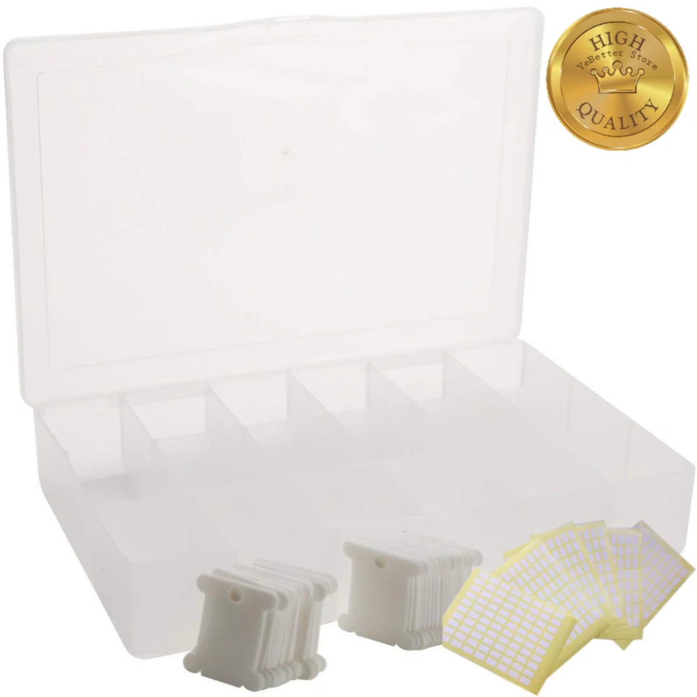 Embroidery Floss Organizer Box with 36 Adjustable compartments Includes 100 Plastic Floss bobbins and 100 Sticker