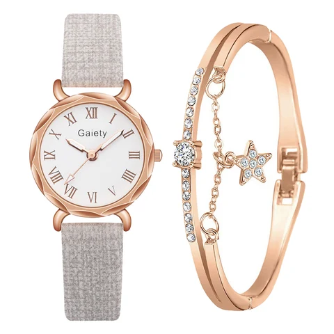Brand 2pcs Set Casual Watch For Women Rhinestone Bracelet Watch Leather Ladies Wrist Clock Simple Dress Gfit Montre Femme