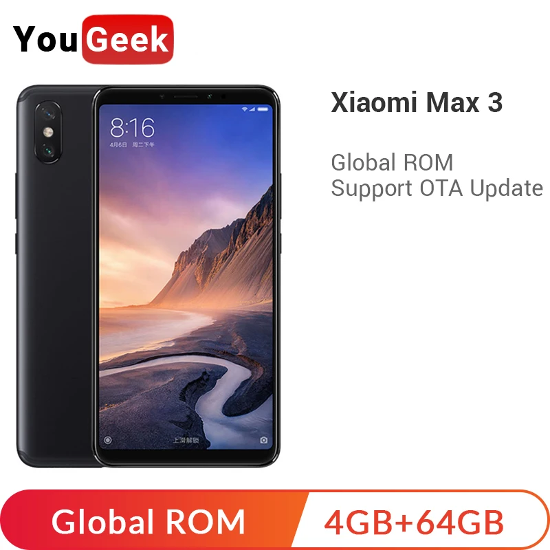 Xiaomi Mi с глобальной ПЗУ Max 3, 4 ГБ, 64 ГБ, 6,9 дюйма, полноэкранный восьмиядерный смартфон Snapdragon 636, 5500 мАч, камера 12 Мп+ 5 МП, мобильный телефон