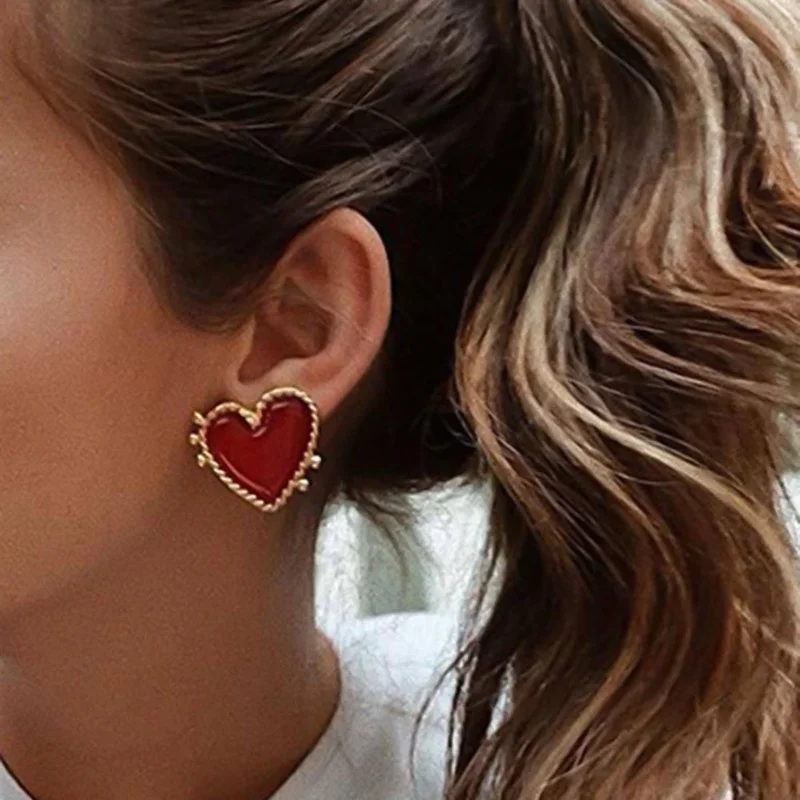Новинка, серьги-гвоздики в форме сердца золотого и красного цвета в стиле панк для женщин, большие серьги-гвоздики в богемном стиле, подарок на Рождество
