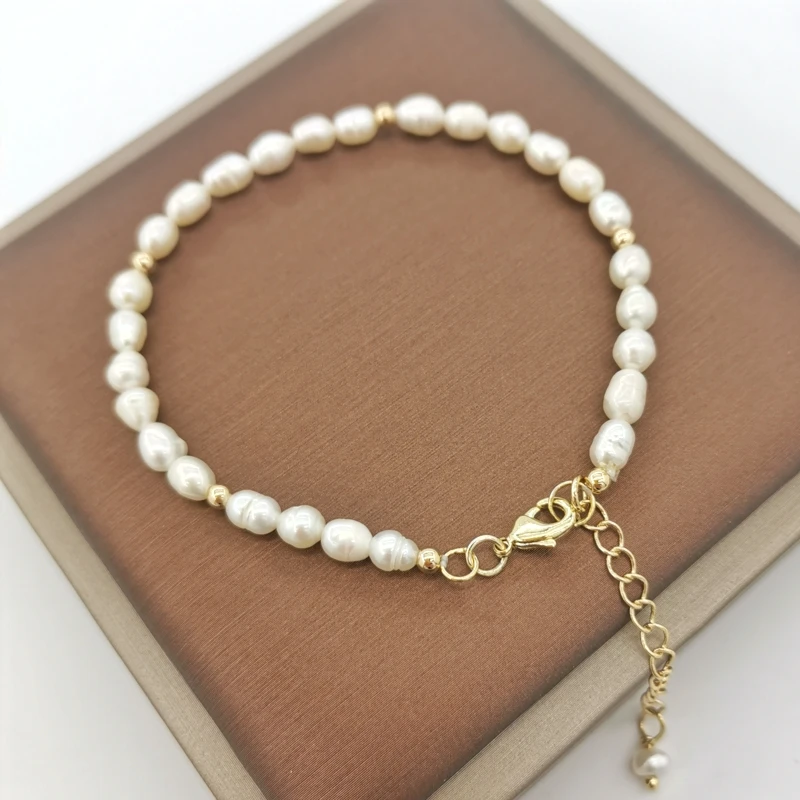 

Natural Freshwater Pearl Bracelet Small Beads 14K Gold Filled Chain Adjustable Boho Hand Made Jewelry Tiny Customized For Women