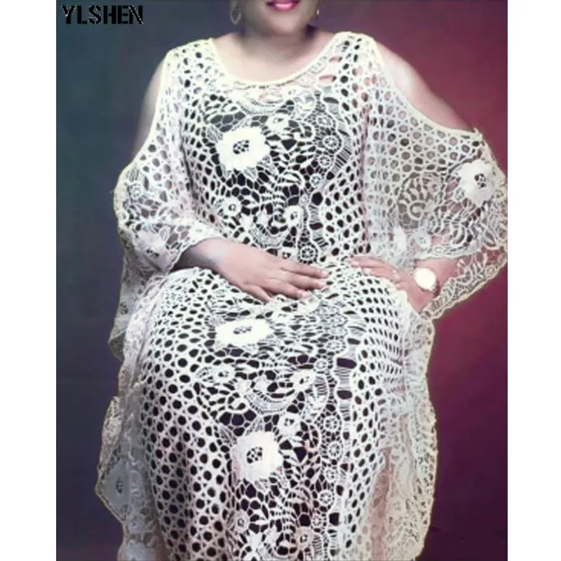 Plus Size Long African dresses for women Dashiki fashion Water-soluble lace loose skirt with beaded embroidery boubou africain 01
