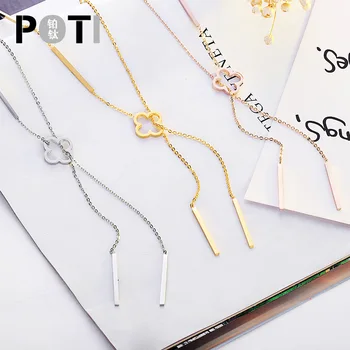 

CSHOU111 Fashion long titanium steel clover necklace women's three color clavicle chain necklace