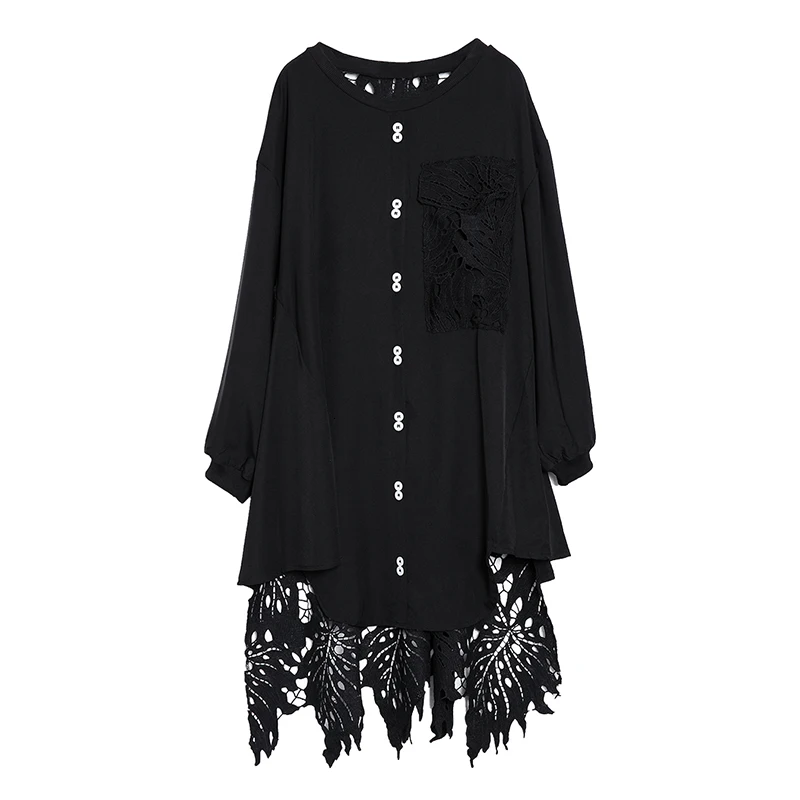 [EAM] новое осенне-зимнее черное кружевное свободное платье с круглым вырезом и длинным рукавом большого размера JH587