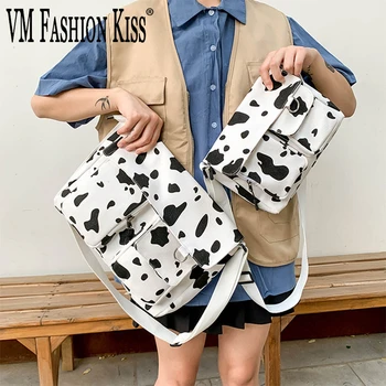 

2020 Designer Milk Cow Print Shoulder Bag Preppy Style canvas Satchels Women Crossbody Teenager Big Capacity school Bag ladies