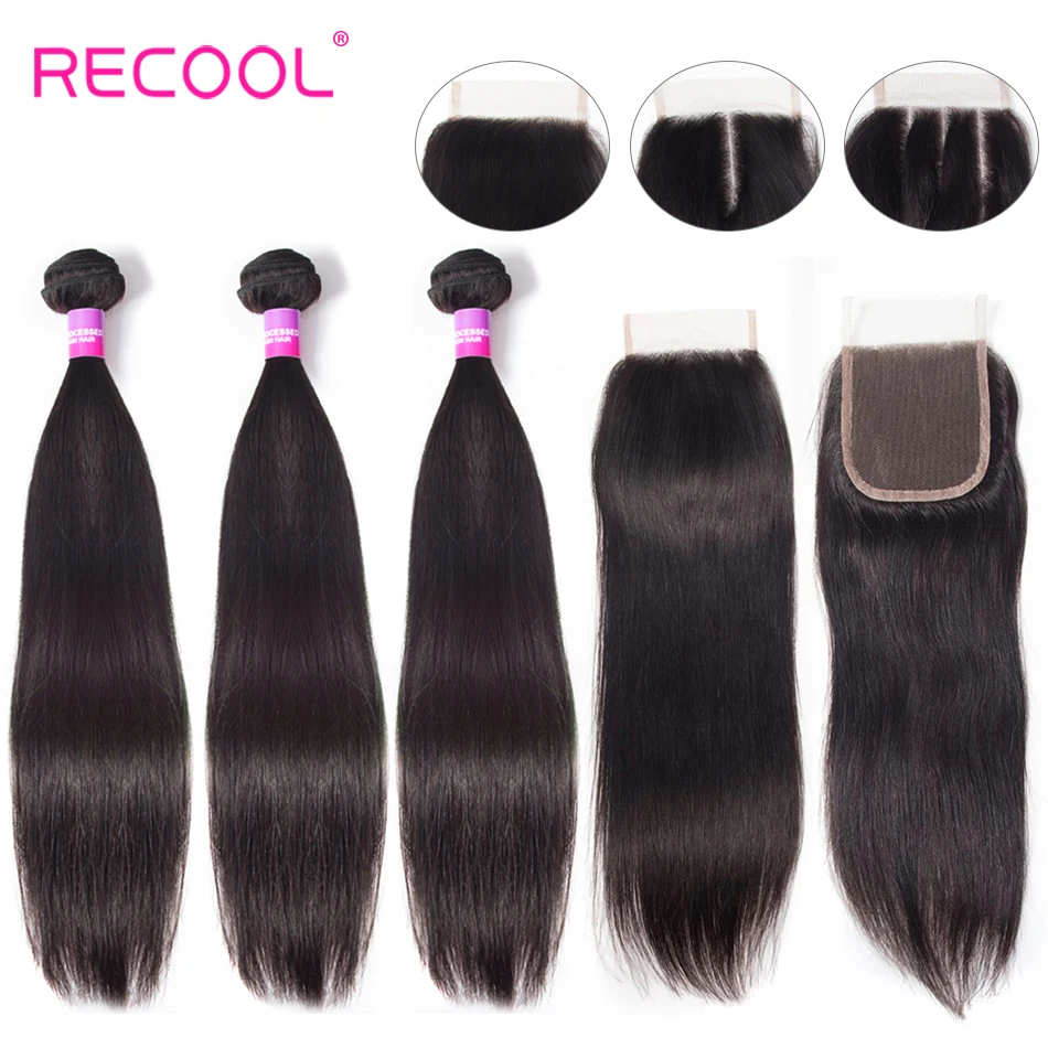 Recool прямые волосы, пряди с закрытием, бразильские волосы, 3 пряди с закрытием, 8-30 дюймов, человеческие волосы, пряди с закрытием