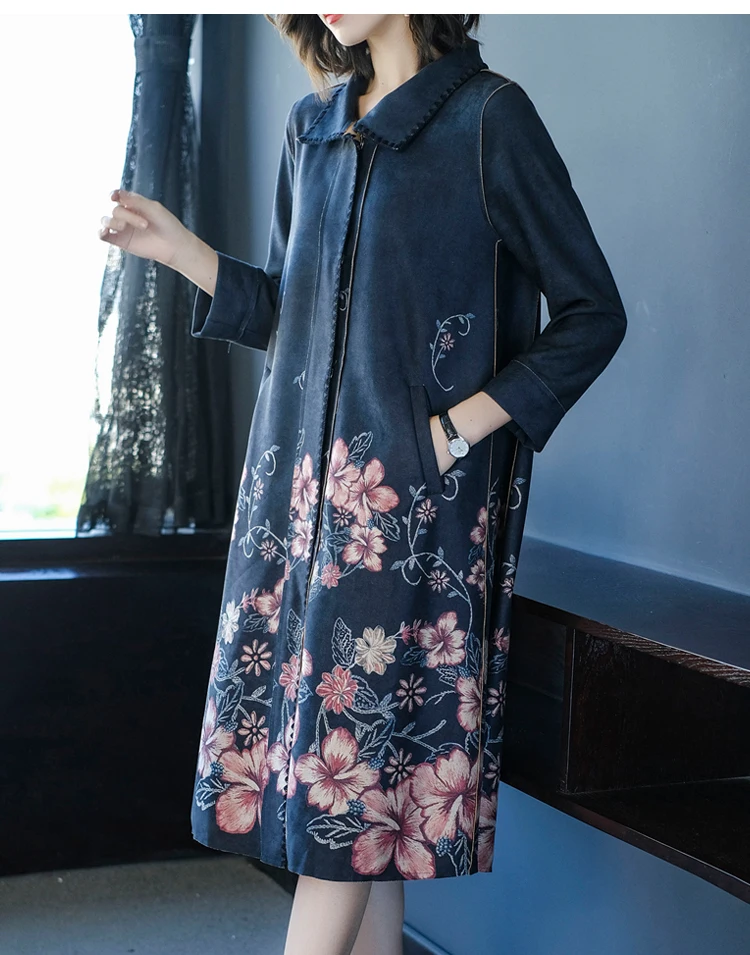 Fashion Middle-aged Women Dress Printed Trench Coat Middle-aged WOMEN'S Dress Autumn Clothing Middle-aged Elegant Nobility Suede