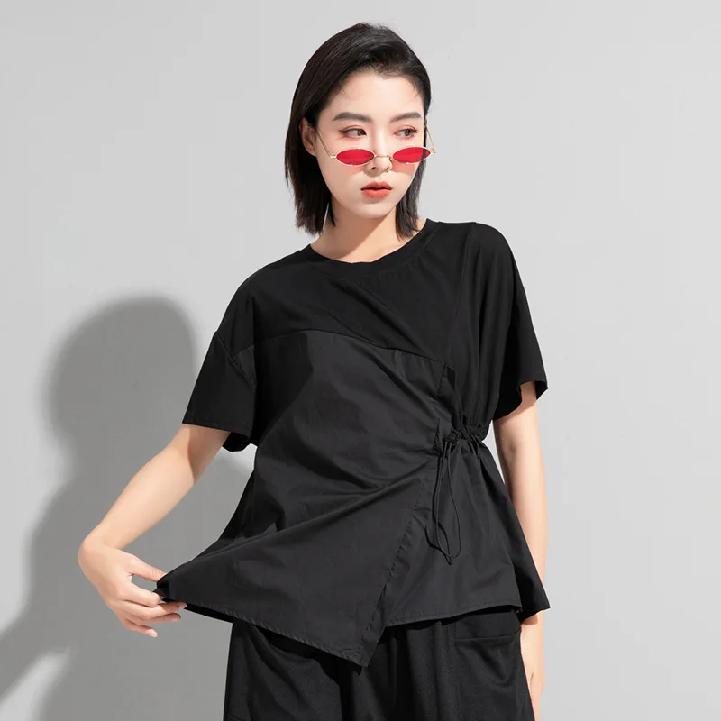 

Ladies Short Sleeve Summer New Asymmetric Stitching Design Fashion Loose Casual Large Size Short Sleeve T-Shirt