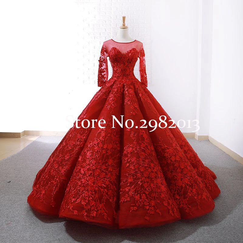 

Real Picture Long Dubai Red Ball Gown Wedding Dress 2020 with Long Train Lace Vestido De Noiva Curto 2019