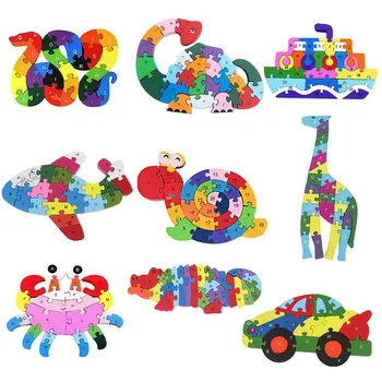 

Kids Puzzles Toy Wooden Colorful 3D Chunkyes Animal Car Jigsaw Puzzle Alphabets Number Learning Educational Toy DIY Building