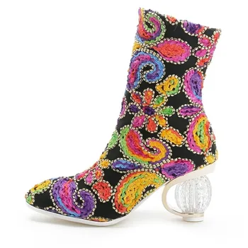 

US4-11 Womens Embroidery Rhinestones Mixed Colors Ankle Boots Side Zipper Fleece Liner Winter Warm Shoes Crystal Ball Heels New