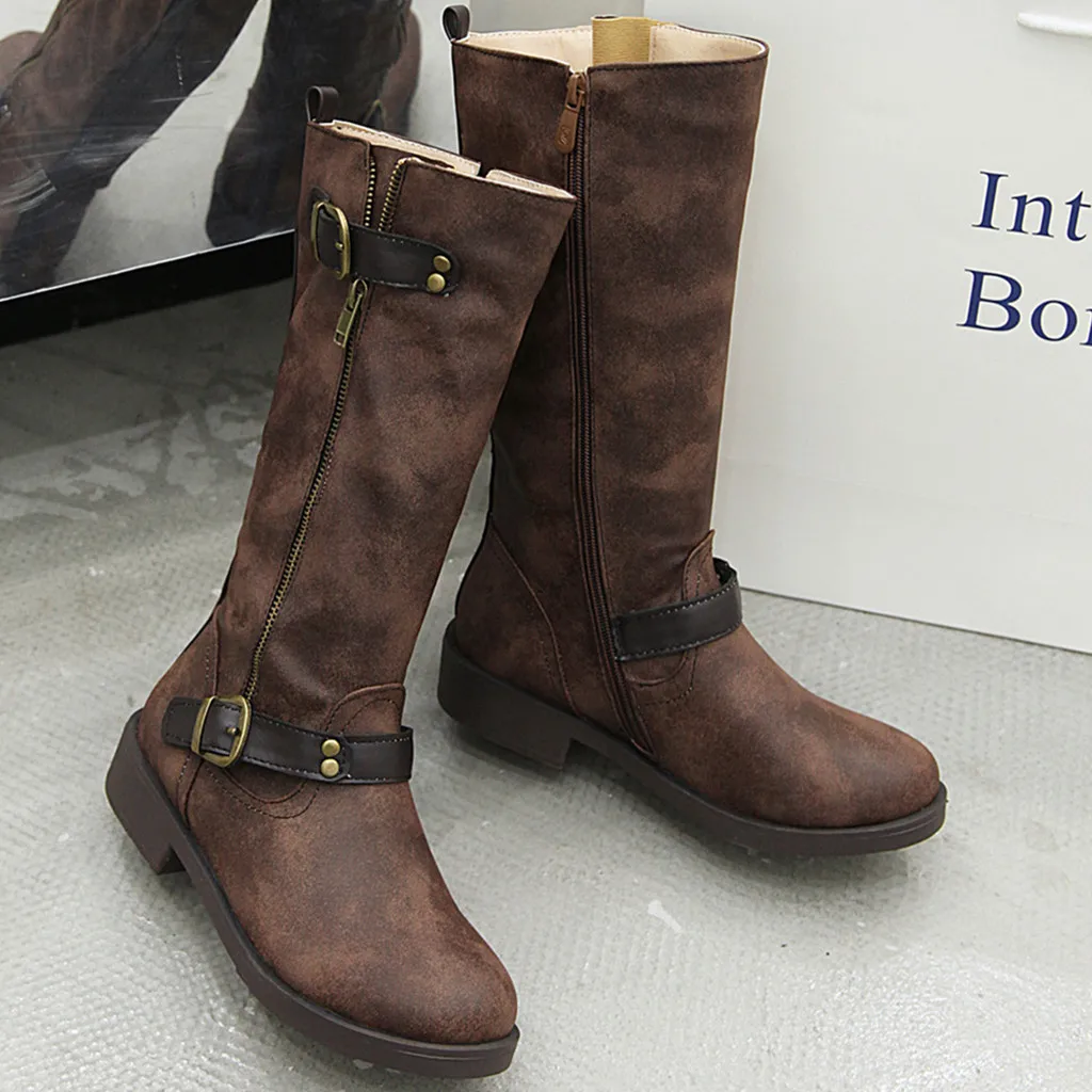

Fashion Pure Color Buckle Strap Long Boots Round Toe Zipper Knee-High Keep Warm Boots Chunky Heels Vintage European Women Boots
