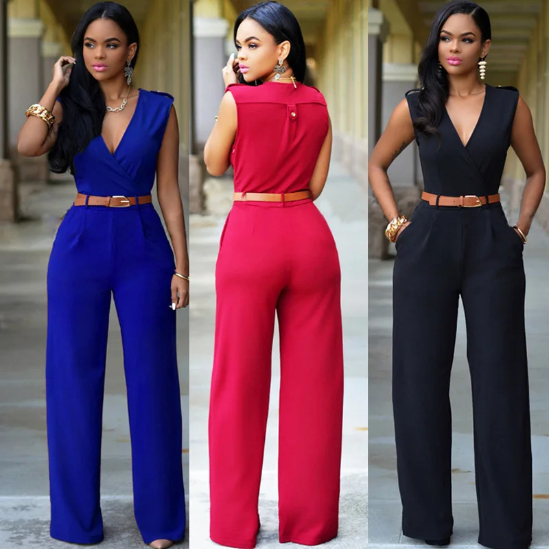 Mono con escote en V para mujer, sin mangas, cintura alta, pierna ancha, informal, con banda en la cintura, elegante