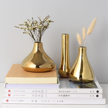 

Nordic Style Golden Ceramic Vase Dry Flower Arranger Water Planting Container Desktop Decoration Vase WY
