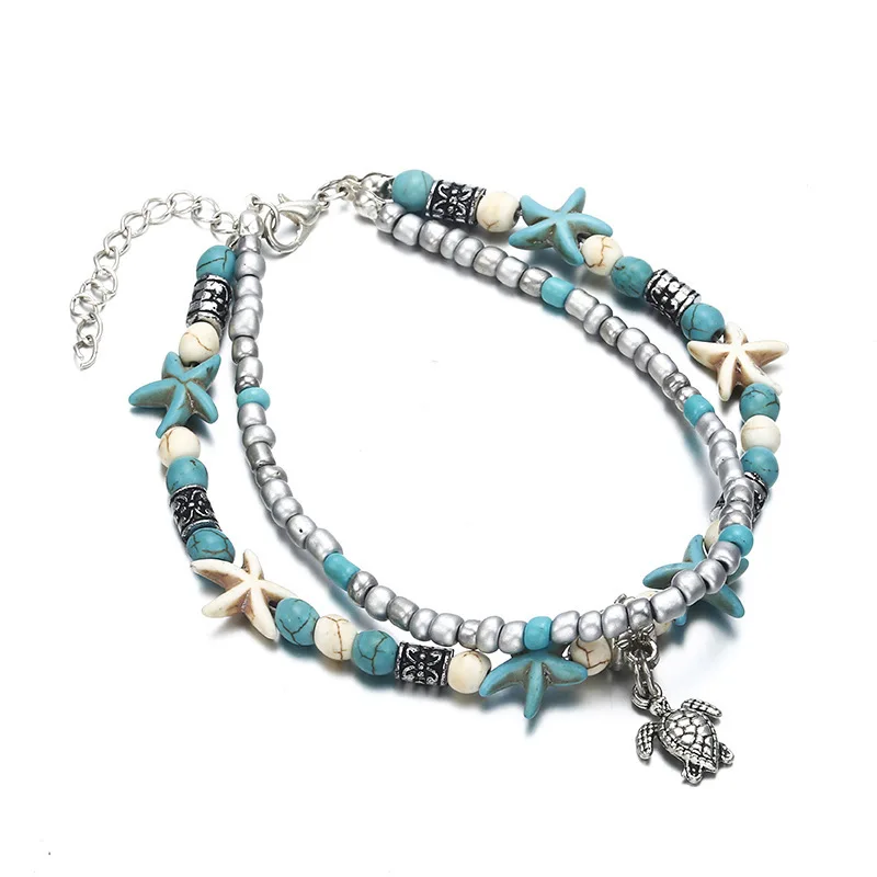 

Hot Selling Double Layer European And American-Style Anklet Retro Starfish Bead Tortoise Shell Star Elephant Pendant Foot Orname