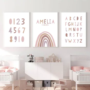

ABC Alphabet Art Print Custom Name Birth Date Rainbow Wall Art Canvas Number Painting Nursery Wall Poster For Baby Room Decor