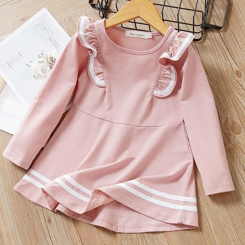 Bear Leader Girls Dress Navy Style Dress Spring Long Sleeve Puff Sleeve Princess Dresses Solid Children Dress Toddler Dresses - Цвет: Pink az1747