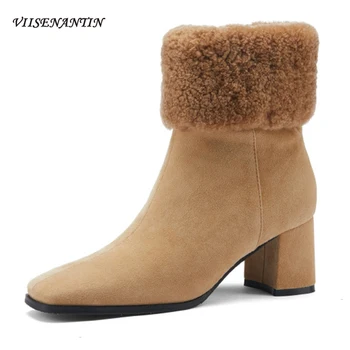 

Square Toe Thick-heeled Short Boots Women Winter New Simple Black High-heeled Short-tube Fur Boots Fashion Plus Velvet Boots