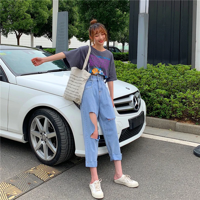 Женское платье для фотосессии, лето, Hyuna, свободная посадка, большие, с дырками, высокая талия, утягивающие джинсы, рваные джинсы для женщин