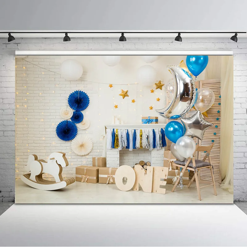 

Silver Moon Star Balloon White Brick Wall Newborn Baby Kids Photography Backdrops Indoor Toy Children's 1st Birthday Backgrounds