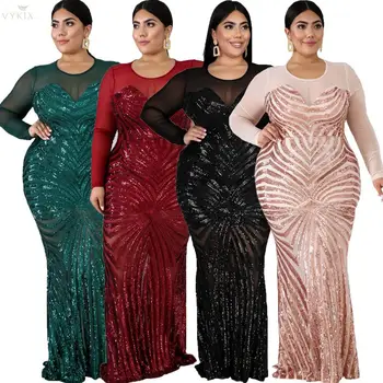 

5XL Plus Size Dress Elegant Women Dress Long Sleeve O-neck Solid Sequin Dress Clubwear Long Dress Sexy Mesh Evening Party Dress