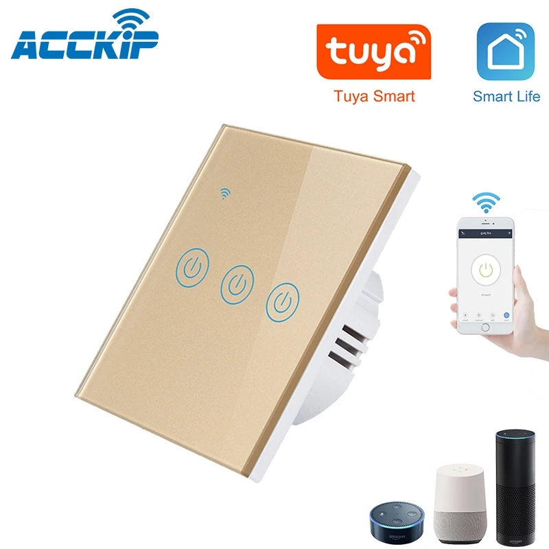 Gold 3 Gang ACCKIP умный светильник сенсорный выключатель Стекло Панель 1/2/3 WiFi светильник Переключатель ЕС Стандартный приложение Управление Беспроводной умный дом переключатель - Цвет: Gold 3 Gang