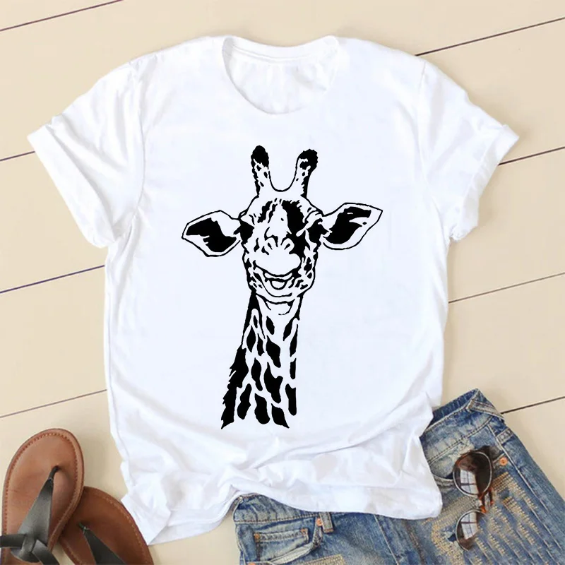 Giraffe Print Pink Woman Tshirts Women's Summer Harajuku Fun Cute Animal Pattern T Shirt Women Tops Casual Short Sleeve T-shirt