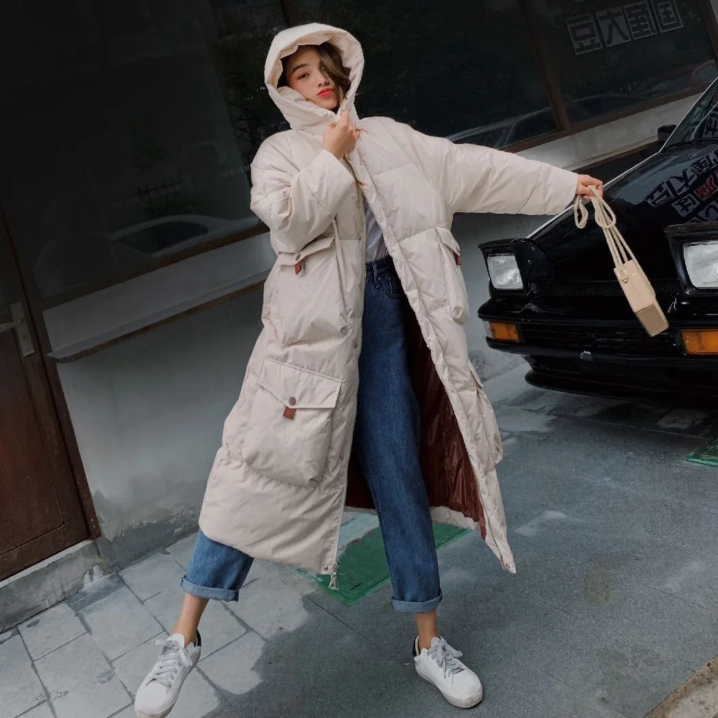 

Photo Shoot INS Laziness College Style Four Large Pocket Hooded down Coat Women's Loose-Fit Thick Long A- line Cotton Coat Women