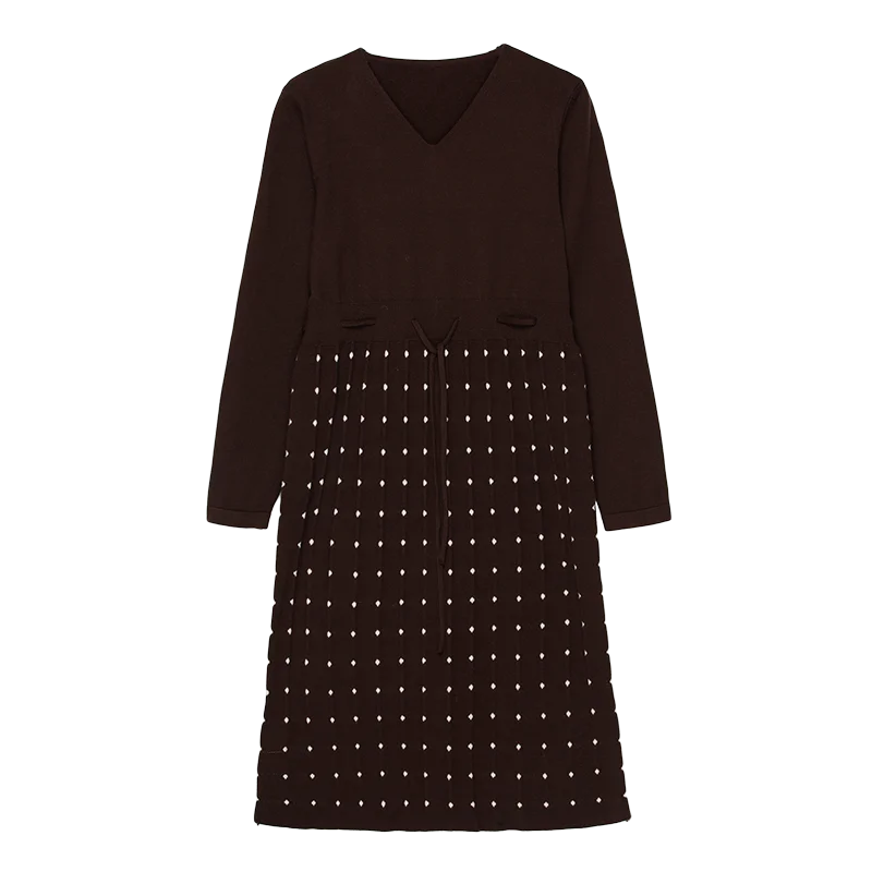 Женские Элегантные вязаные платья черного цвета с узором в горошек, с v-образным вырезом, на шнуровке, с регулируемой талией, цельное платье на осень и зиму