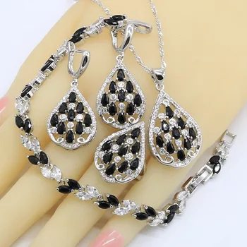 

Black White Zircon Silver Color Wedding Jewelry Sets for Women with Bracelet Earrings Necklace Pendant Ring Gift Box