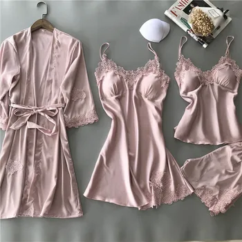

Women's Sexy Lingerie Nightgown Suspender Pajamas Shorts Four-piece Silk Pajamas Pijama Pyjamas Women Pyjama Femme Pajama Sets