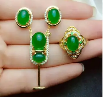 

MEIBAPJ NATURAL CHALCEDONY GEMSTONE EARRINGS RING NECKLACE FOR WOMEN REAL 925 STERLING SILVER GREEN STONE WEDDING JEWELRY SET