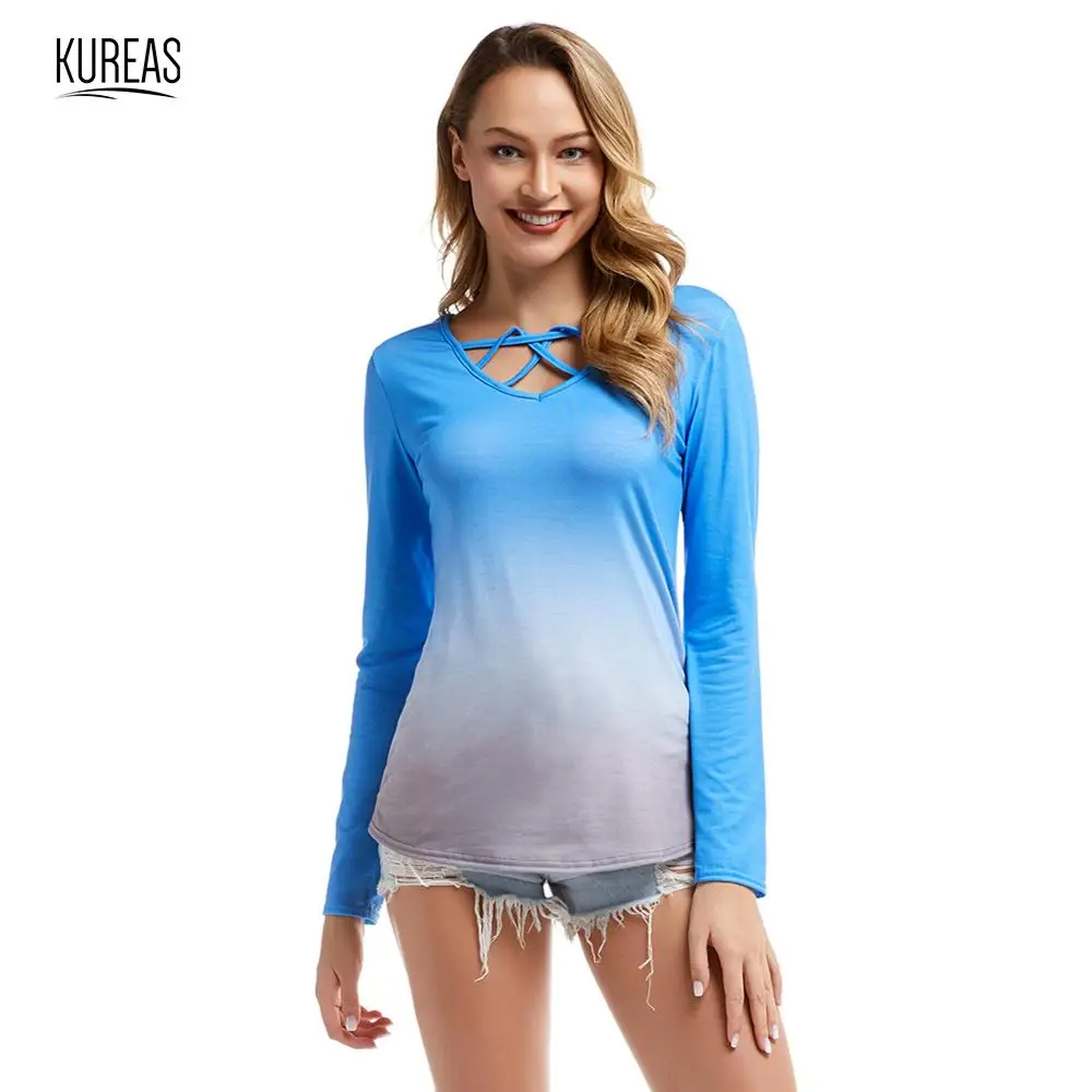 

Kureas Women T Shirt Knitted Rainbow Gradient Printed Oversize Tops Autumn Winter V Neck Elastic Baggy T-Shirts