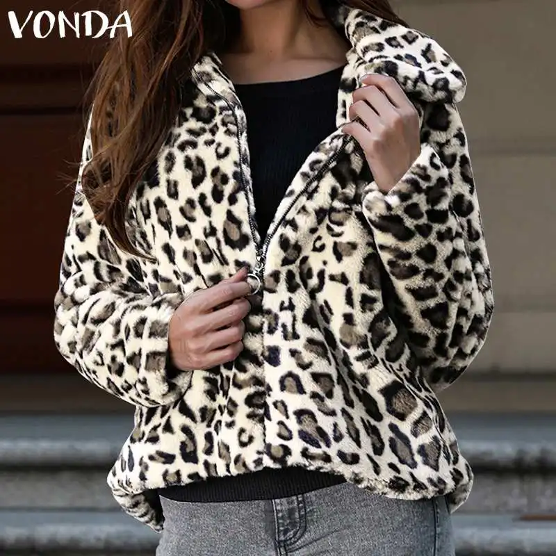 Beste 2019 Herfst Winter VONDA Vrouwen Luipaard Gedrukt Rits Bovenstukken Faux Fur Jassen Mode Dames Warme Jassen Dames Bovenkleding 5XL
