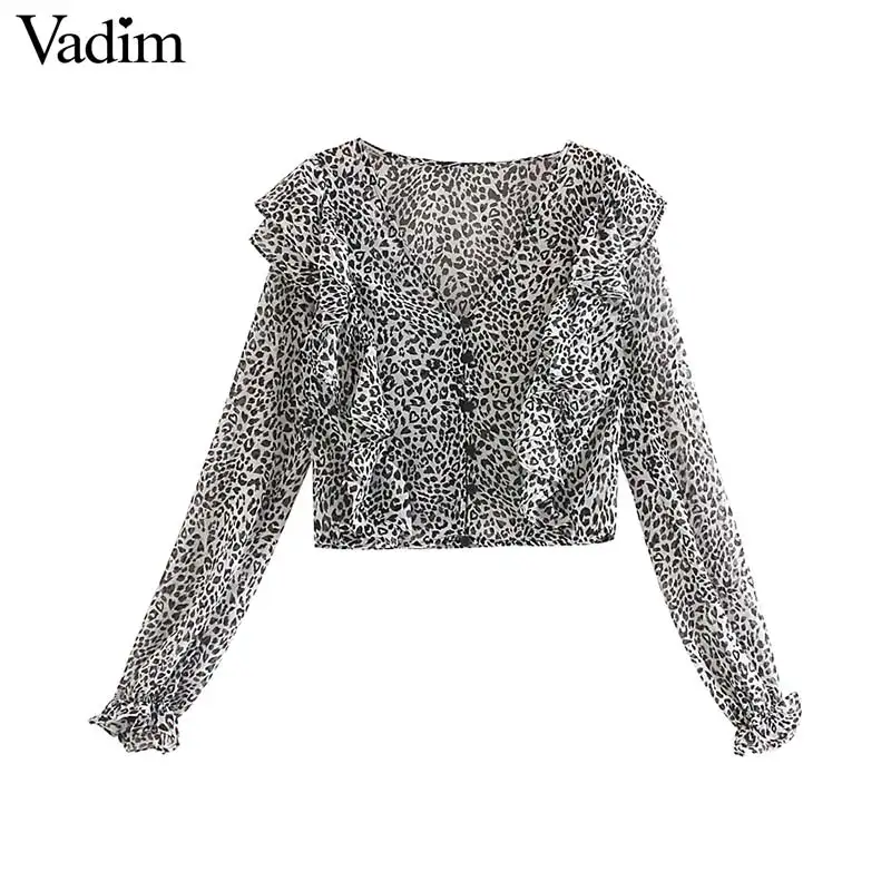 Vadim Женская леопардовая блузка с v-образным вырезом, короткие стильные рубашки с оборками и длинными рукавами, женские повседневные модные сексуальные топы, блузы LB594
