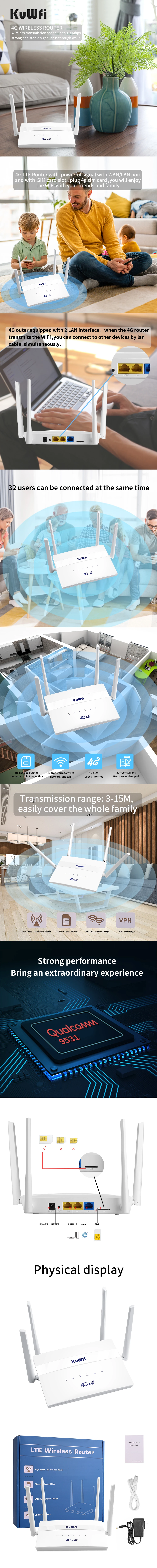 best home wifi signal booster KuWFi 4G LTE 300Mbps Không Dây Có Khe SIM 4 Ăng Ten Ngoài Repeater Hỗ Trợ 32 WiFi Người Sử Dụng wireless internet amplifier