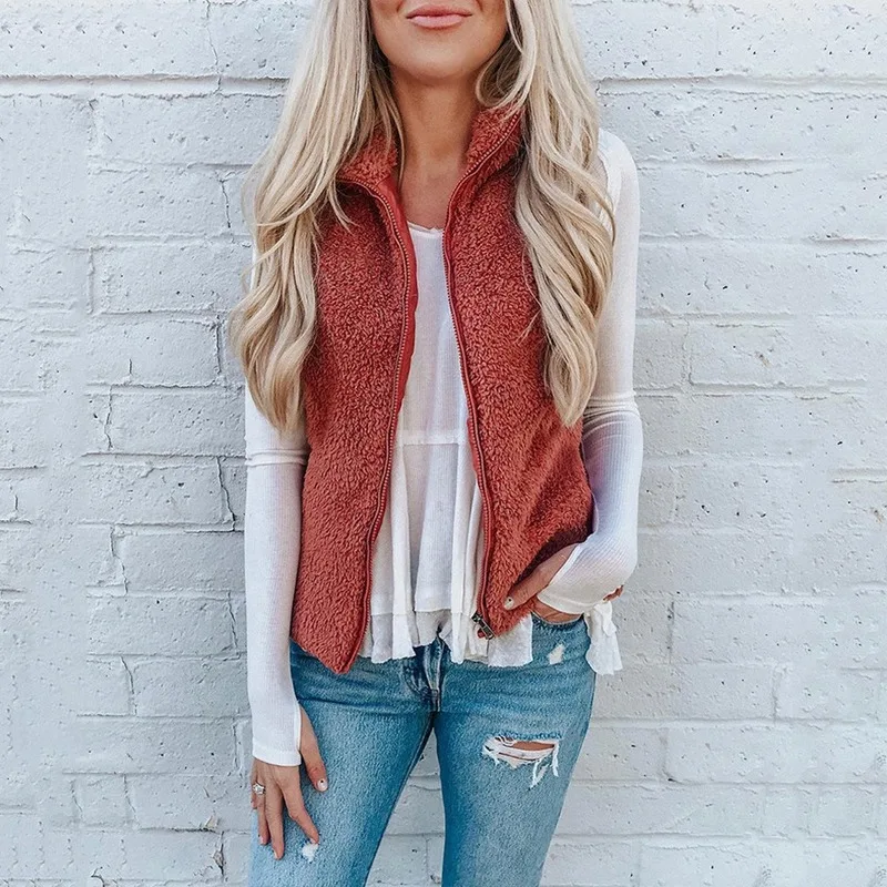 Модная куртка на молнии с карманом, жилет на осень и зиму, однотонный, белый, хаки, красный, жилет для женщин без рукавов