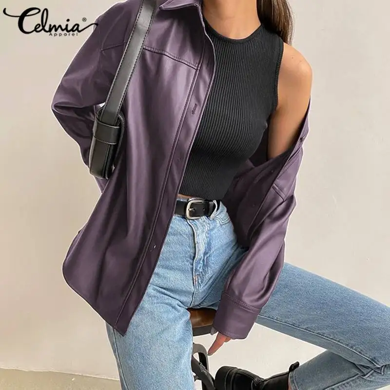 Women's Jacket 2021 Celmia PU Leather Jackets Vintage Party Long Sleeve Coats Autumn Buttons Lapel Casual Solid Work Outerwear