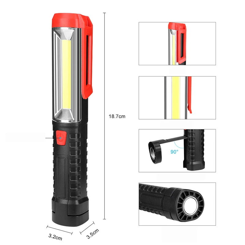 

90° Rotation COB+LED USB Rechargeable Emergency Worklight with Magnetic Flashlight LED Clips Work Light for Repairing Torch
