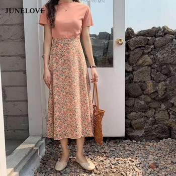 

Bella Philosophy Women Elegant Floral Print Long Beach Skirt Vintage Mujer Maxi Retro Elastic High Waist Retro A-line Skirt