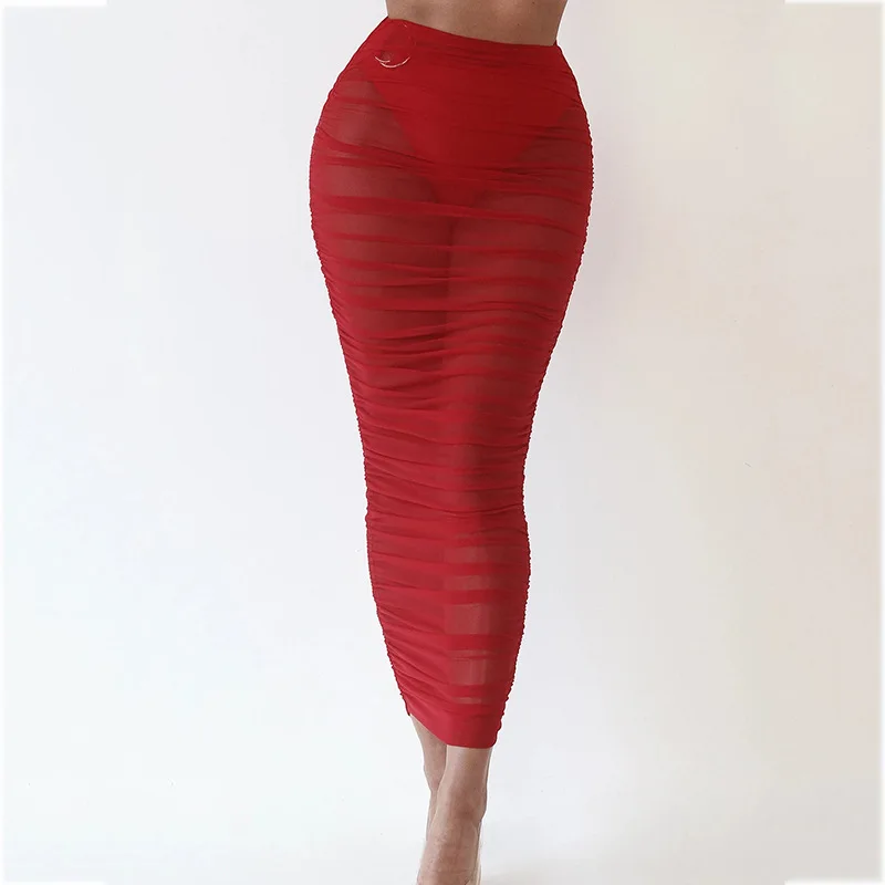 

Kimuise Ruched Mesh Bandage Skirts High Wasit Sexy Long Skirt For Women