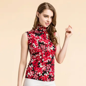 

New Real 30% Silk 70% Wool Sleeveless High Collar Base Shirt Women's Printed Pullover Knitted T-shirt Silk Blouse