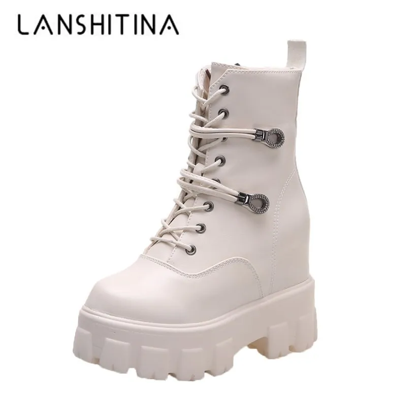 

Women Ankle Boots 2020 New Autumn High Top Sneakers Comfortable Leather Platform Boots Winter 10CM Heels Wedges Motorcycle Boots