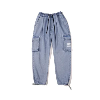 

Zogaa 2019 Solid Men's Denim Pants High-end Drawstring Jeans Boys Loose Straight Nine Pants Side Pockets Casual Male Trousers