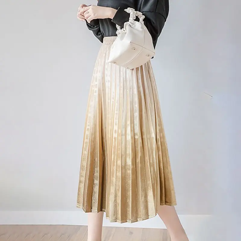 Women skirt new fashion gradient color gold velvet skirt Korean version long section long pleated high waist sweet wind casual - Цвет: Y